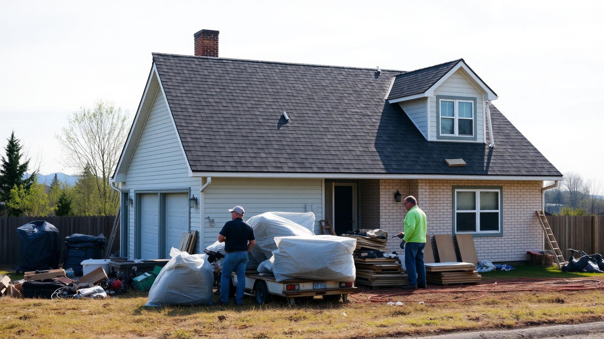 Roofing crew packing up beside a finished re-roofed house