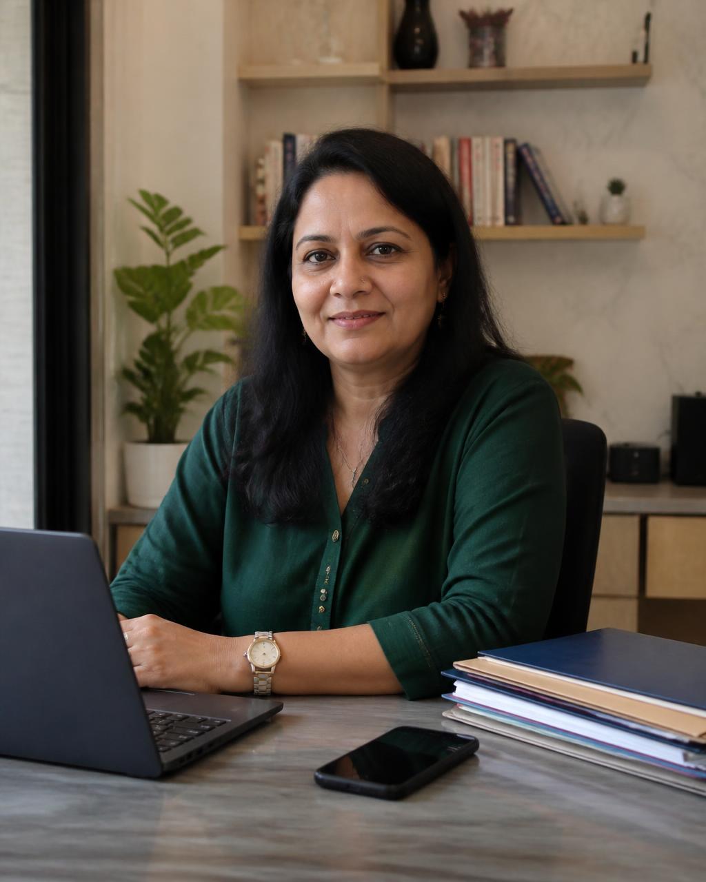 The director of a small tutoring centre at her desk with folders and a laptop