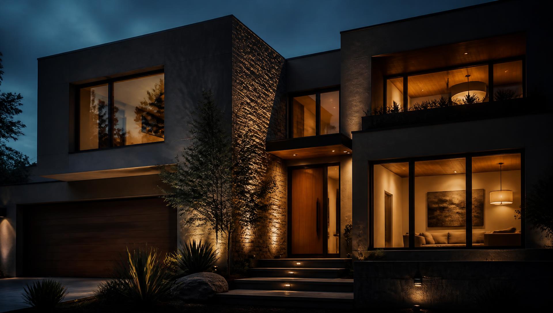 A modern home facade at dusk with warm interior lighting