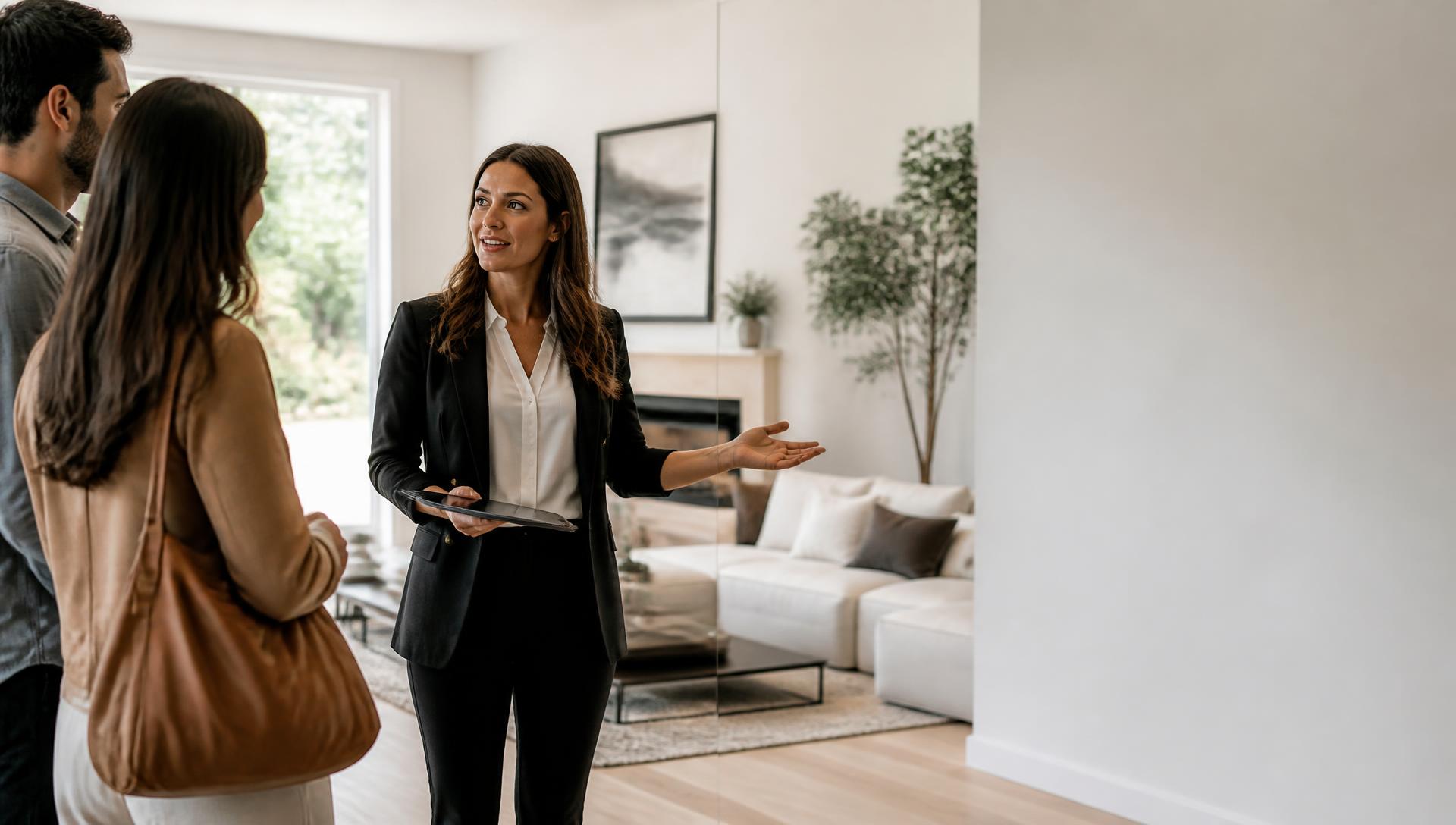 A real estate agent talking with buyers at an open home in a bright living room