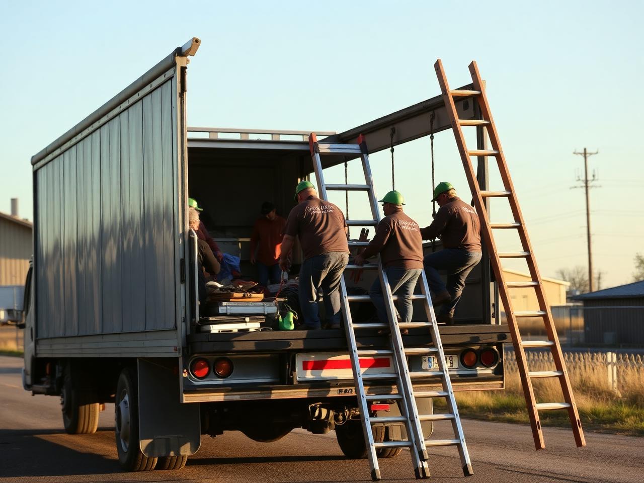 Roofing crew loading ladders and tools back onto the truck