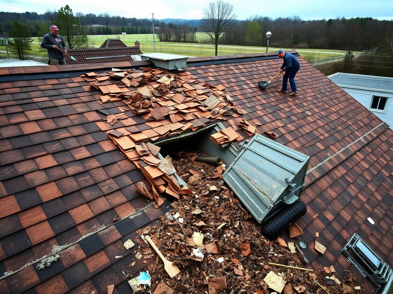 Roof tear off in progress with crew stripping shingles