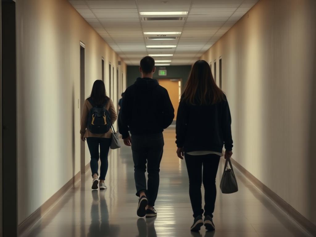 Students walking through a college corridor