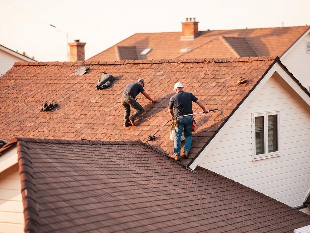 A roofing crew working on a suburban roof