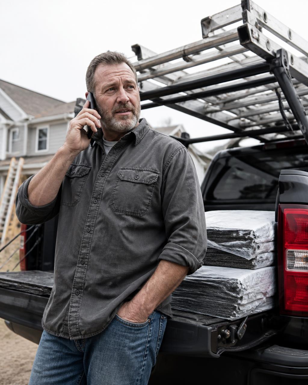 Roofing company owner on the phone beside a truck loaded with shingles